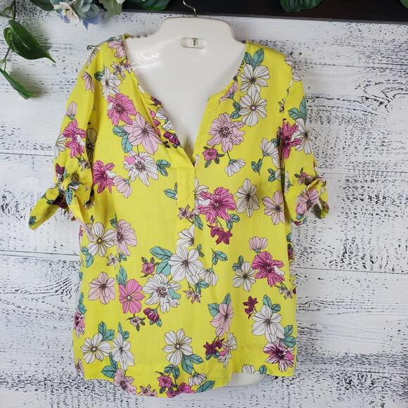 Charter Club Linen Luxury Tops - Charter Club Linen Floral Blouse Yellow V-Neck Size M Grandmacore Cottagecore